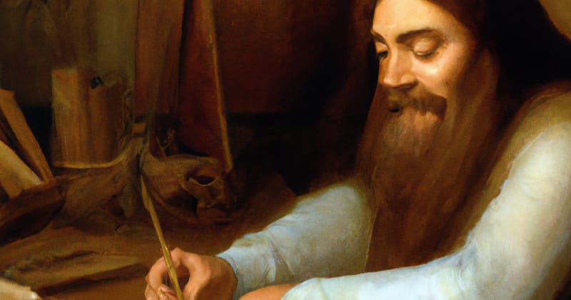 an oil painting of Davinci writing a resume
