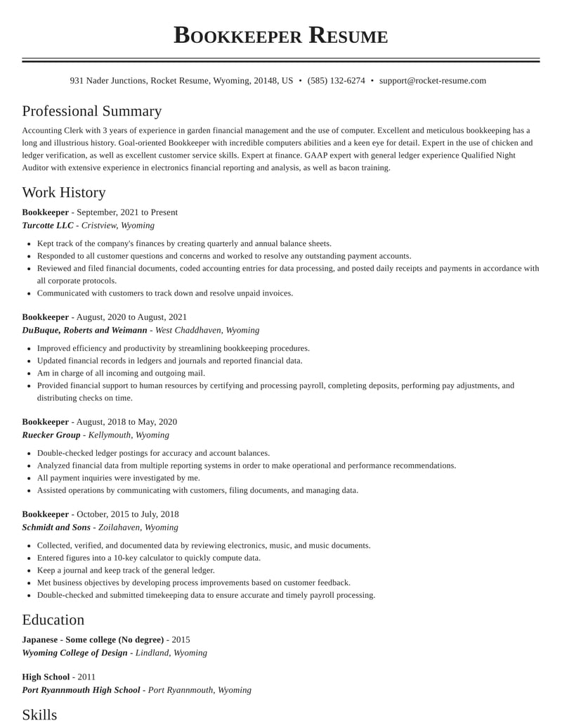 Bookkeeper Resume Templates Examples Rocket Resume