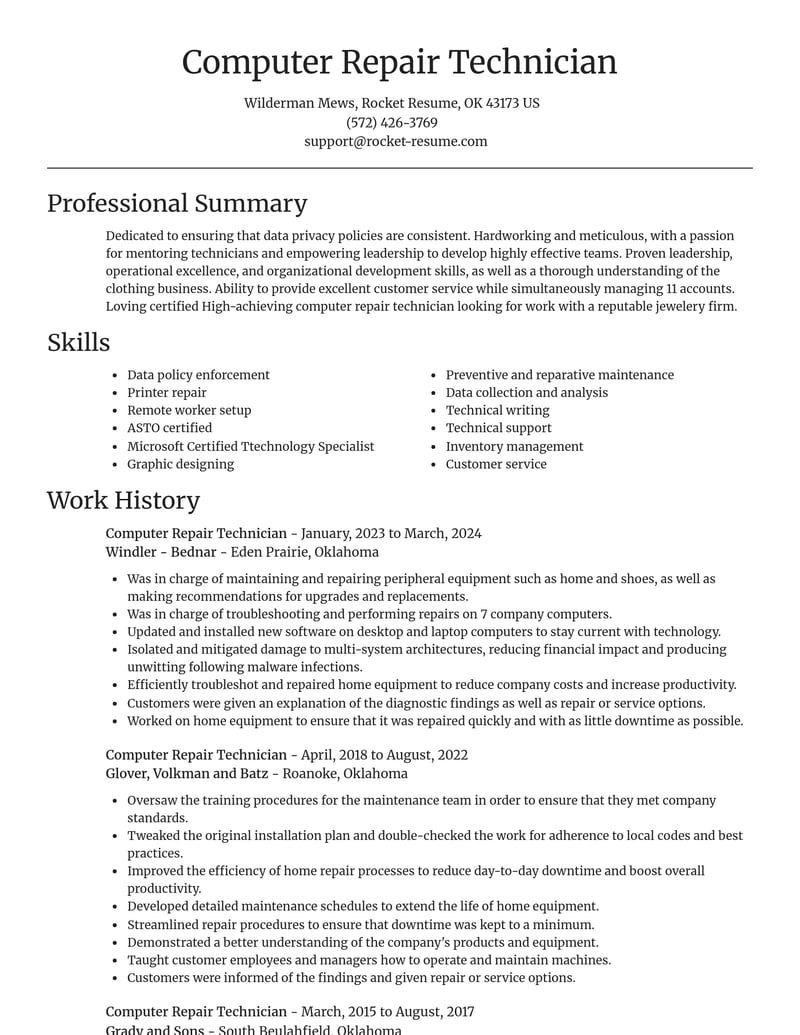 Computer Repair Technician Resumes Rocket Resume