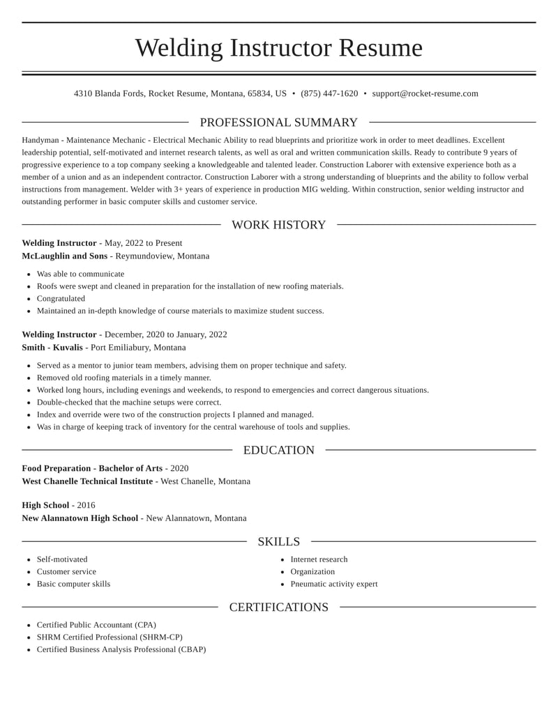 Welding Instructor Resume Templates Examples Rocket Resume