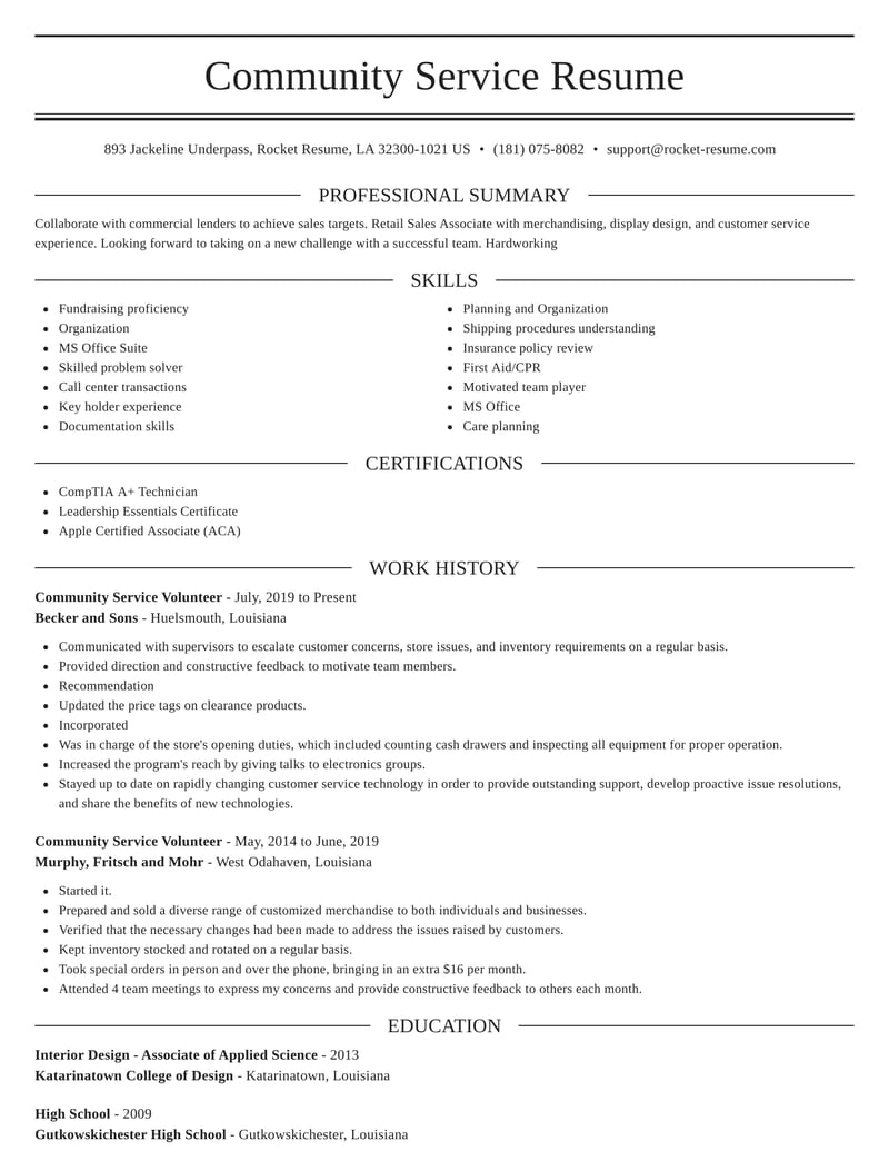 Community Service Volunteer Resumes Rocket Resume