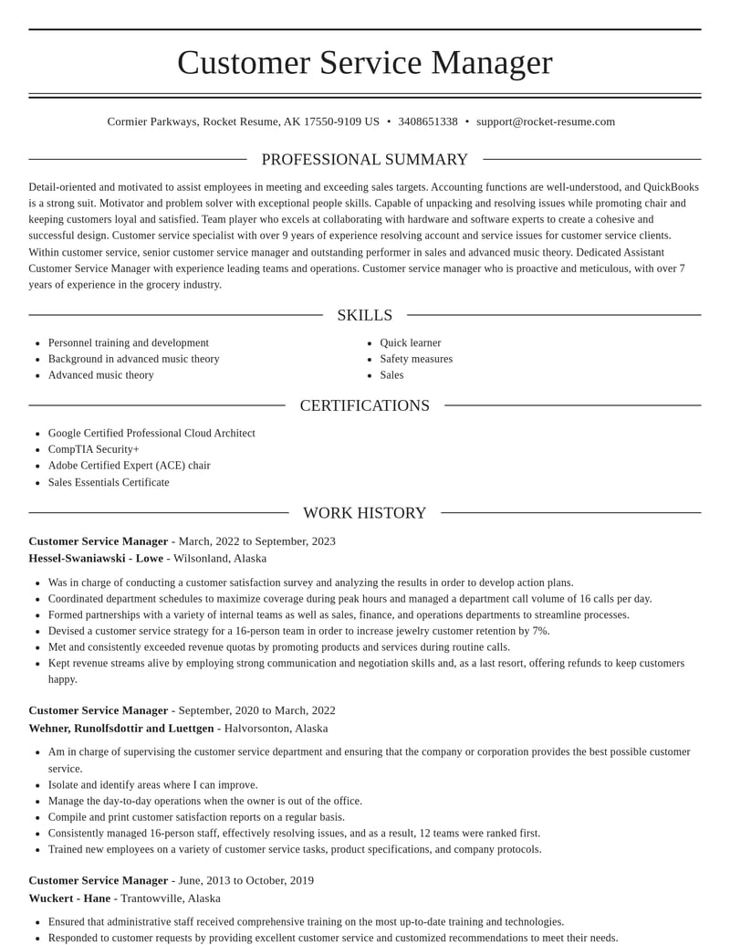 Customer Service Manager Resumes Rocket Resume