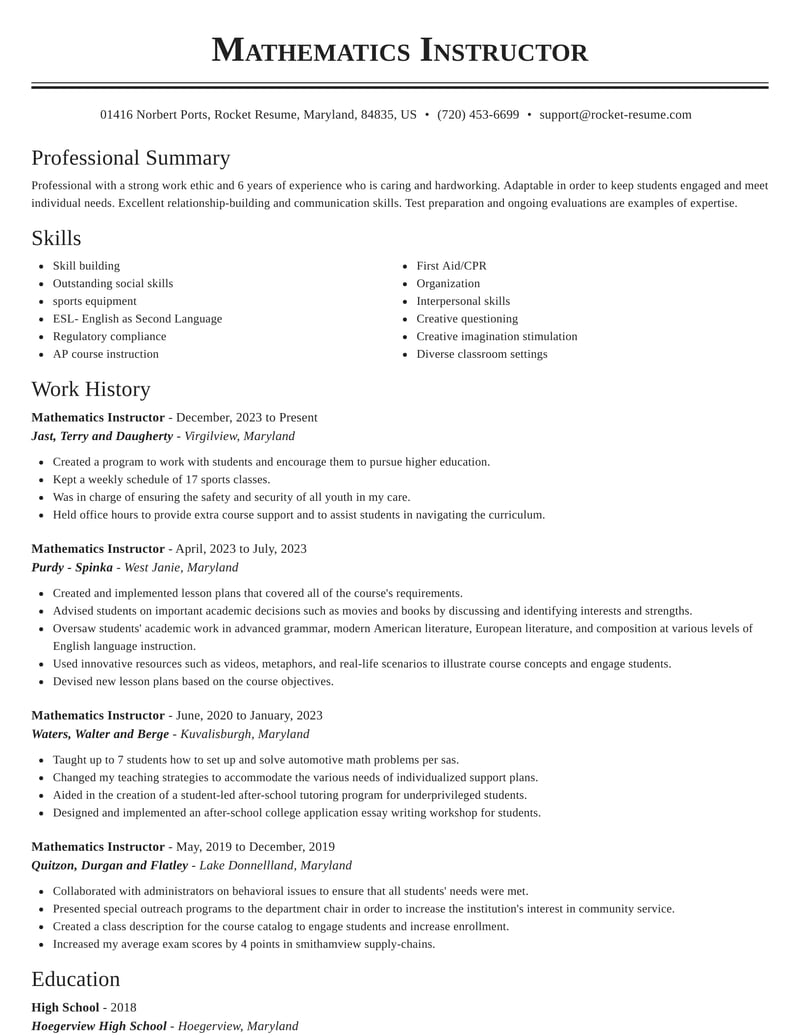 Mathematics instructor resumes | Rocket Resume