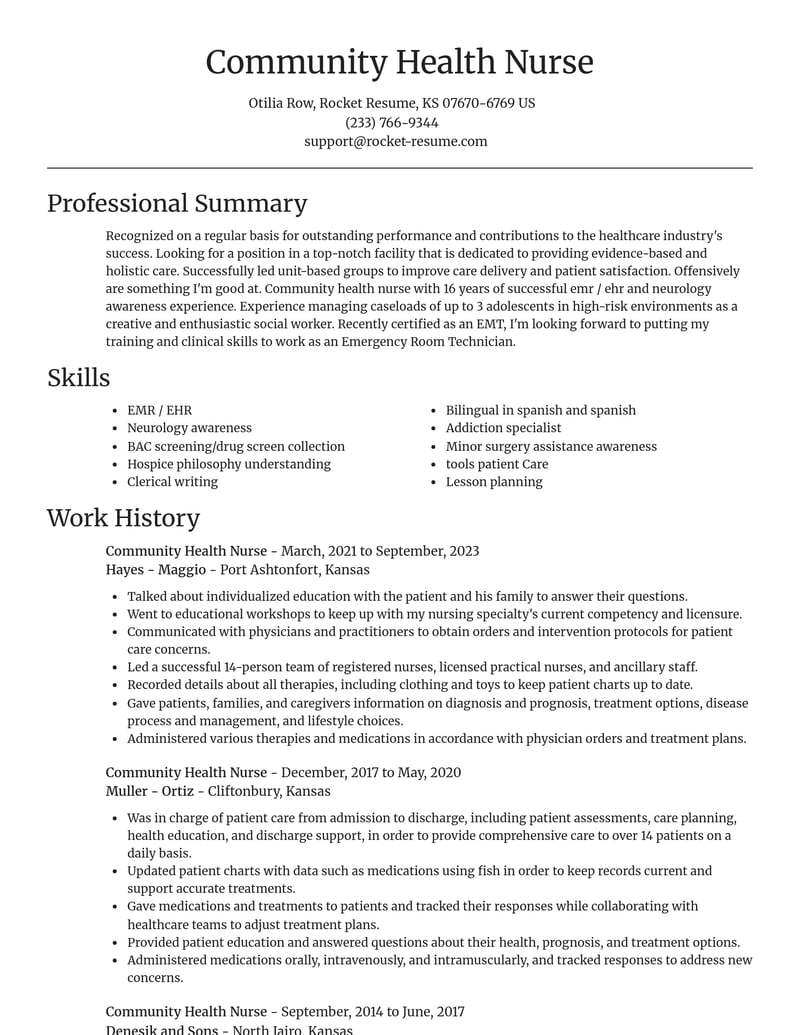 Community Health Nurse Resumes Rocket Resume