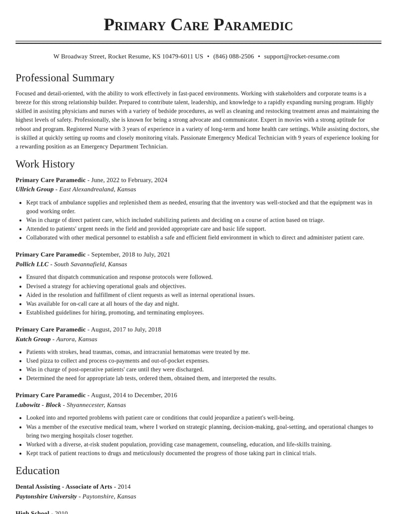 Primary Care Paramedic Resumes Rocket Resume