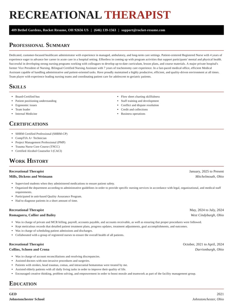 Recreational Therapist Resumes Rocket Resume