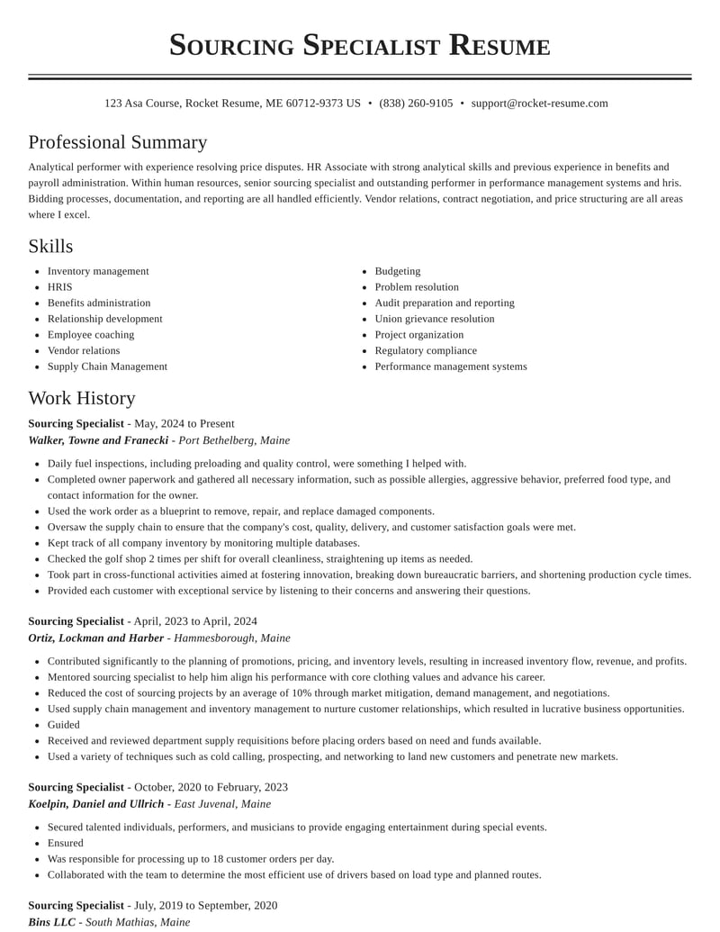 Sourcing Specialist Resumes Rocket Resume