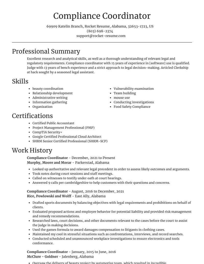 Compliance Coordinator Resume Templates Examples Rocket Resume