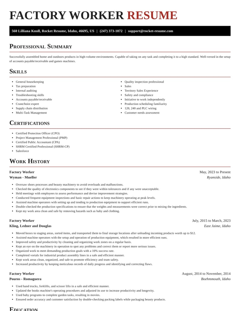 Factory Worker Resume Templates Examples Rocket Resume