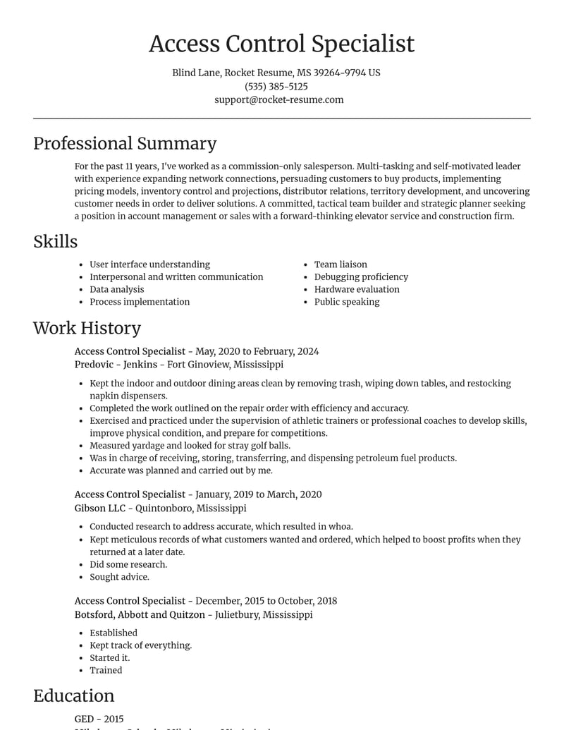 Access Control Specialist Resumes Rocket Resume