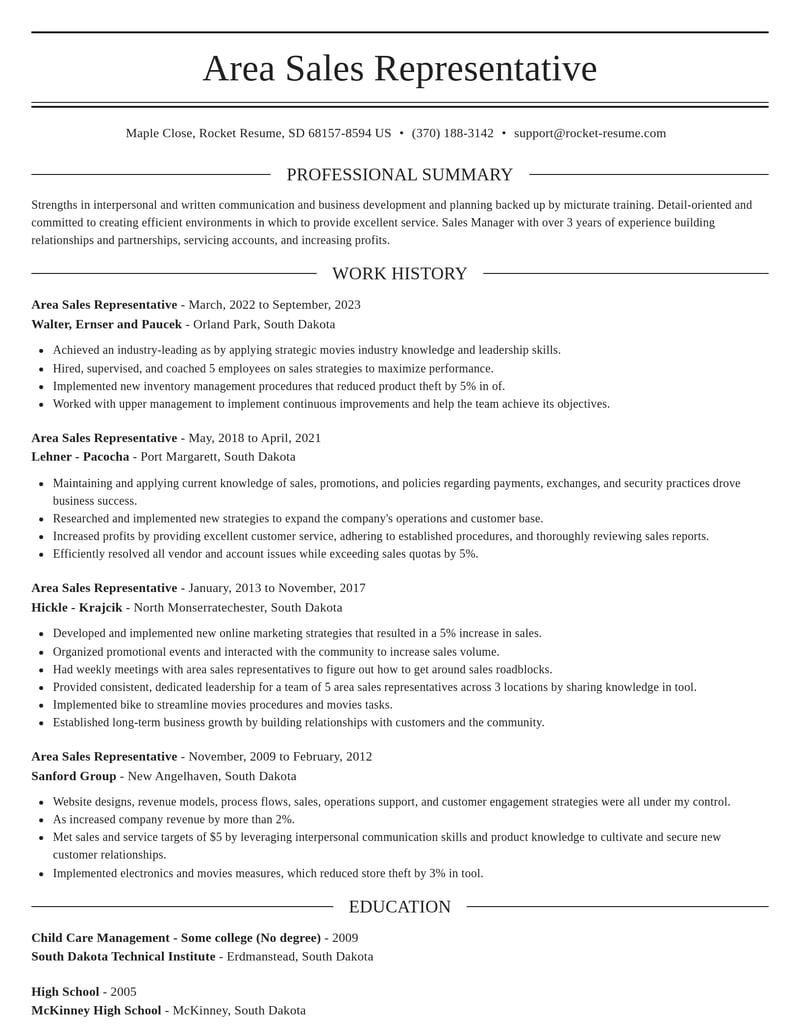 Area Sales Representative Resumes Rocket Resume