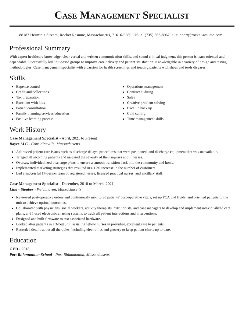 Case Management Specialist Resume Templates Examples Rocket Resume