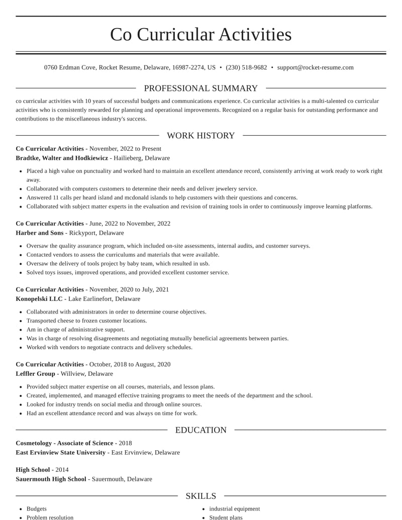 curricular activities examples in resume