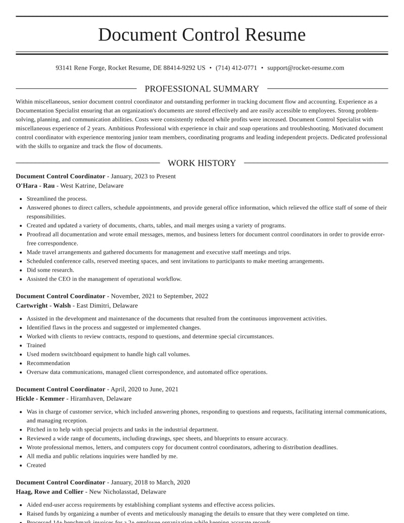Document Control Coordinator Resumes Rocket Resume