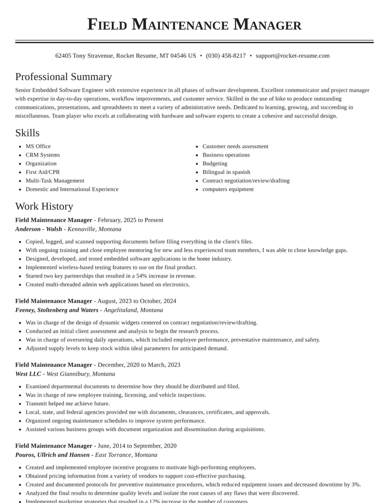 Field Maintenance Manager Resumes Rocket Resume