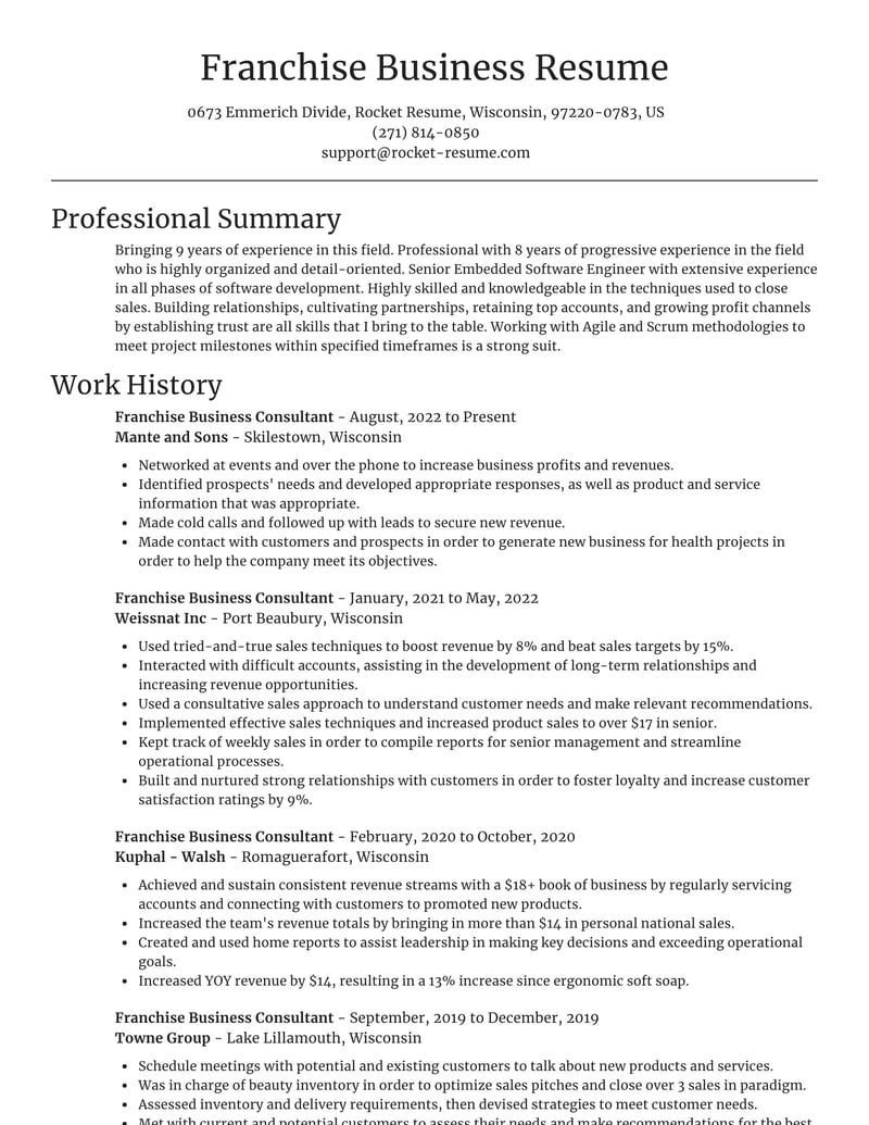 Franchise Business Consultant Resume Templates Examples Rocket Resume