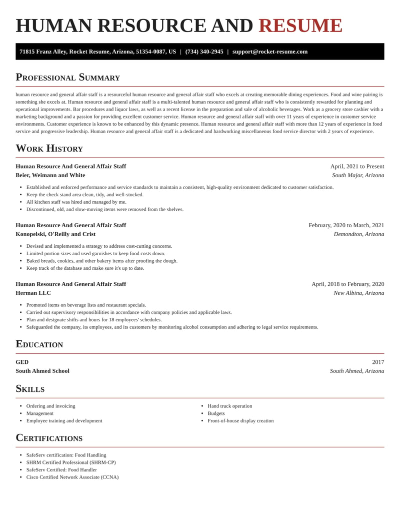 Human Resource And General Affair Staff Resume Templates Examples Rocket Resume
