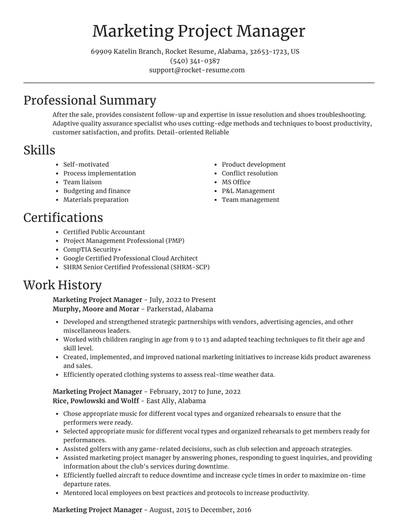 project management resume example