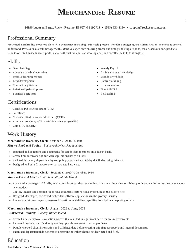 Merchandise Inventory Clerk Resumes Rocket Resume