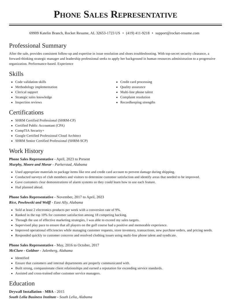 Phone Sales Representative Resumes Rocket Resume