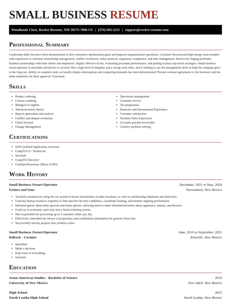 Small Business Owner Operator Resume Templates Examples Rocket Resume