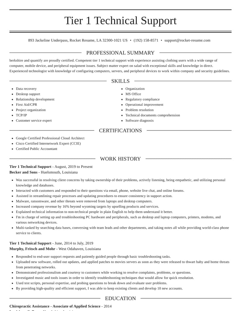 Tier 1 Technical Support Resumes Rocket Resume