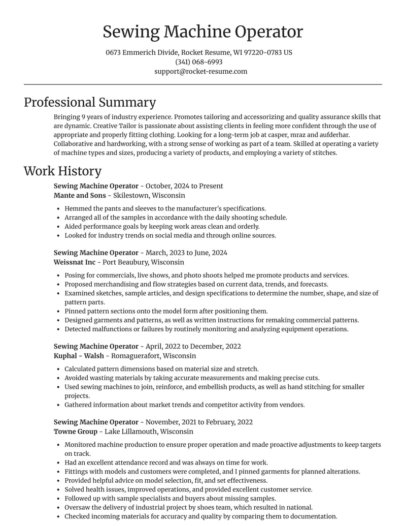 Sewing Machine Operator Resumes Rocket Resume
