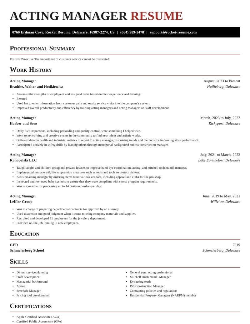 Acting Manager Resumes | Rocket Resume
