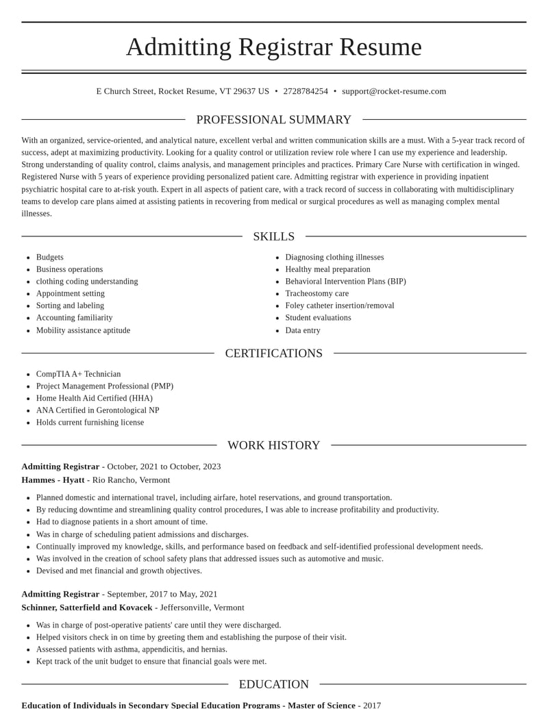 Admitting Registrar Resumes Rocket Resume