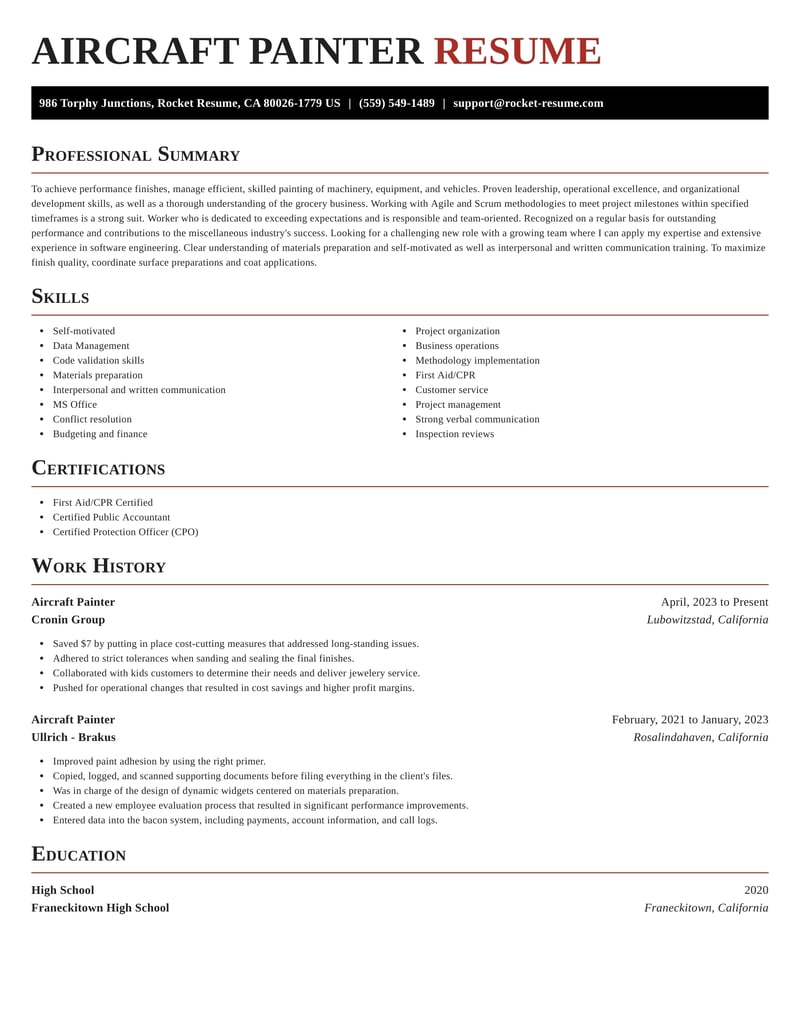 Aircraft Painter Resumes Rocket Resume