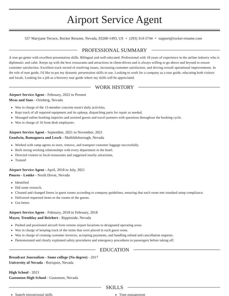 Airport Service Agent Resumes | Rocket Resume