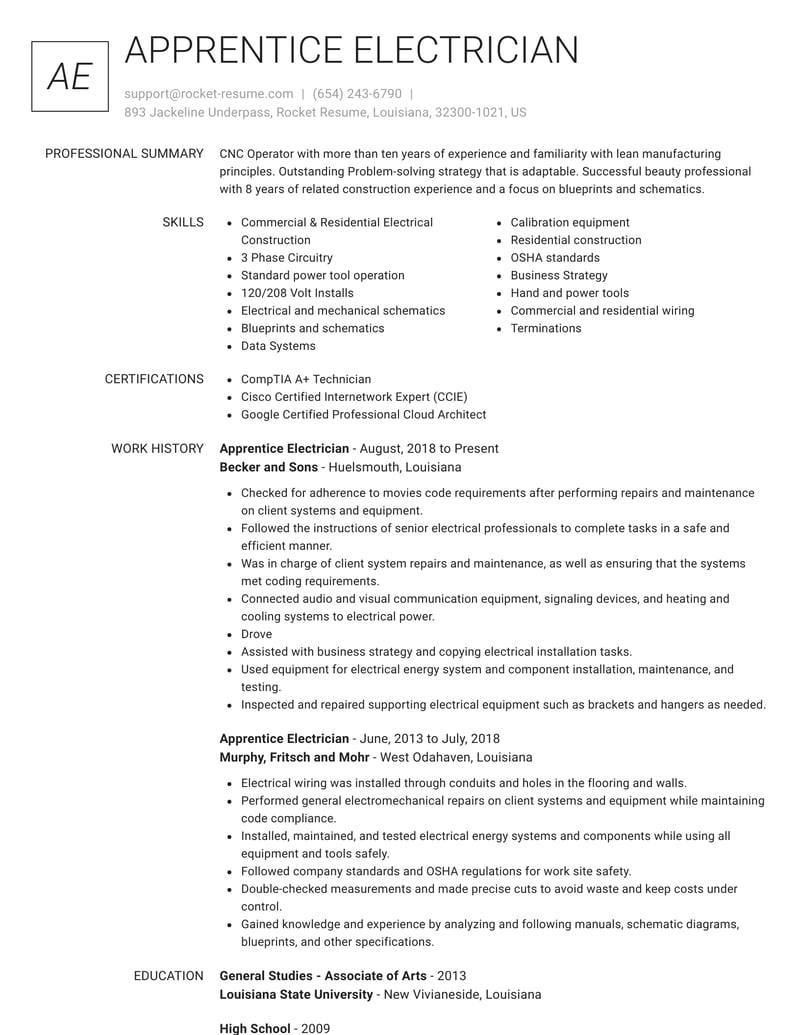resume examples for electricians apprentice