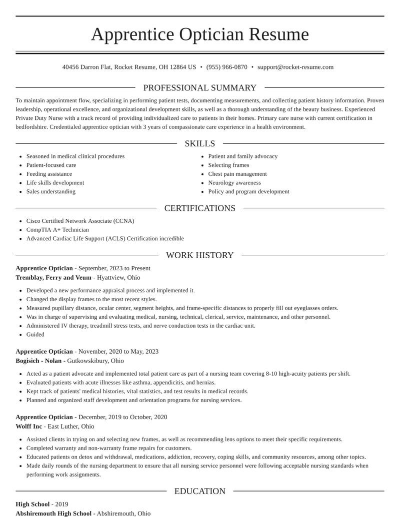 Apprentice Optician Resumes Rocket Resume