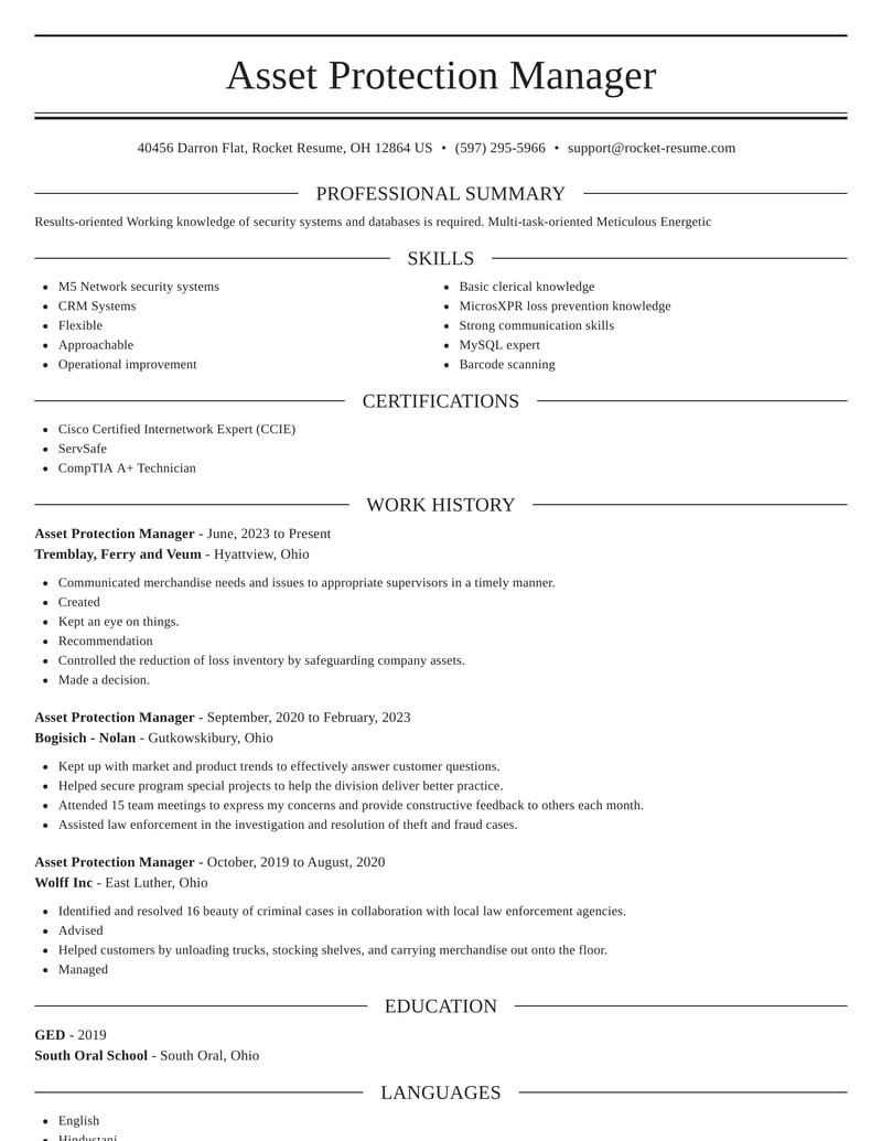 Asset Protection Manager Resumes Rocket Resume