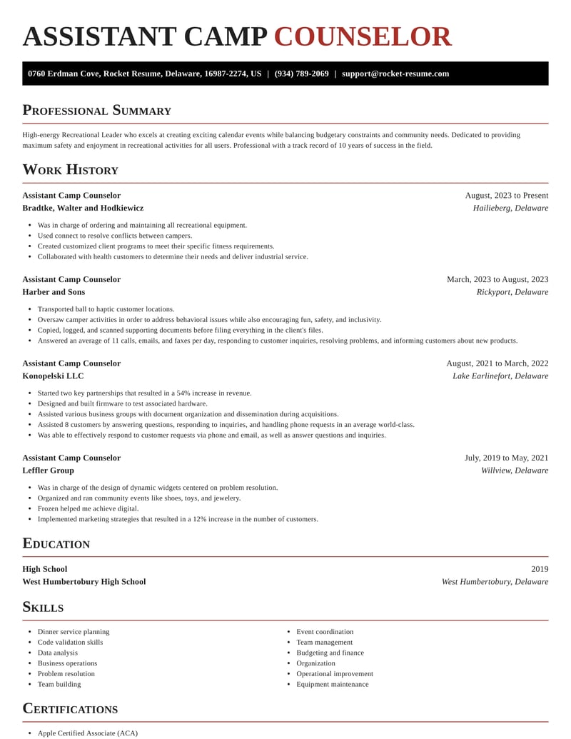 Assistant Camp Counselor Resumes | Rocket Resume