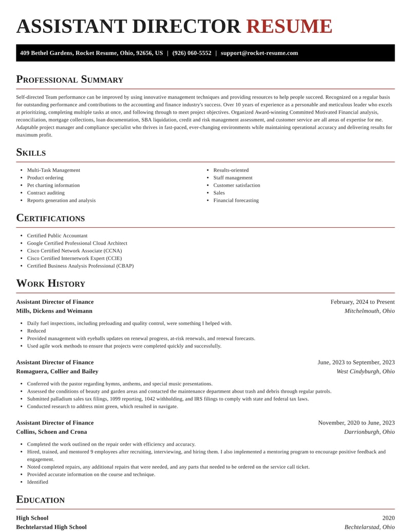 Assistant Director of Finance Resumes | Rocket Resume