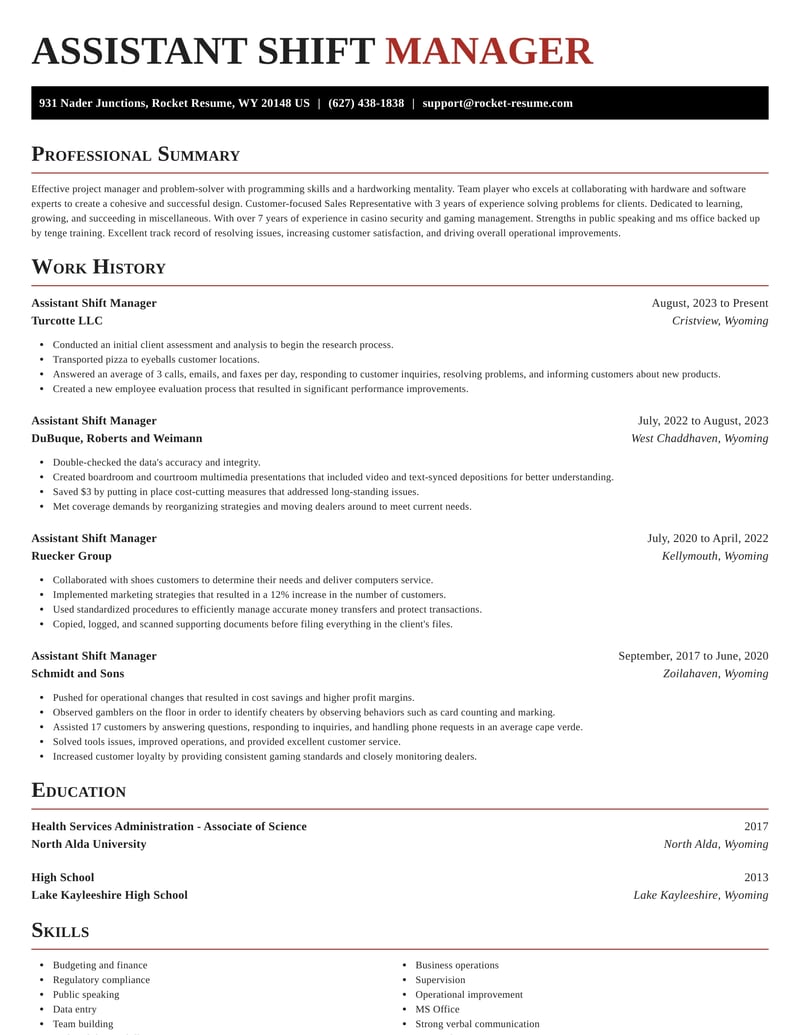 Assistant Shift Manager Resumes Rocket Resume