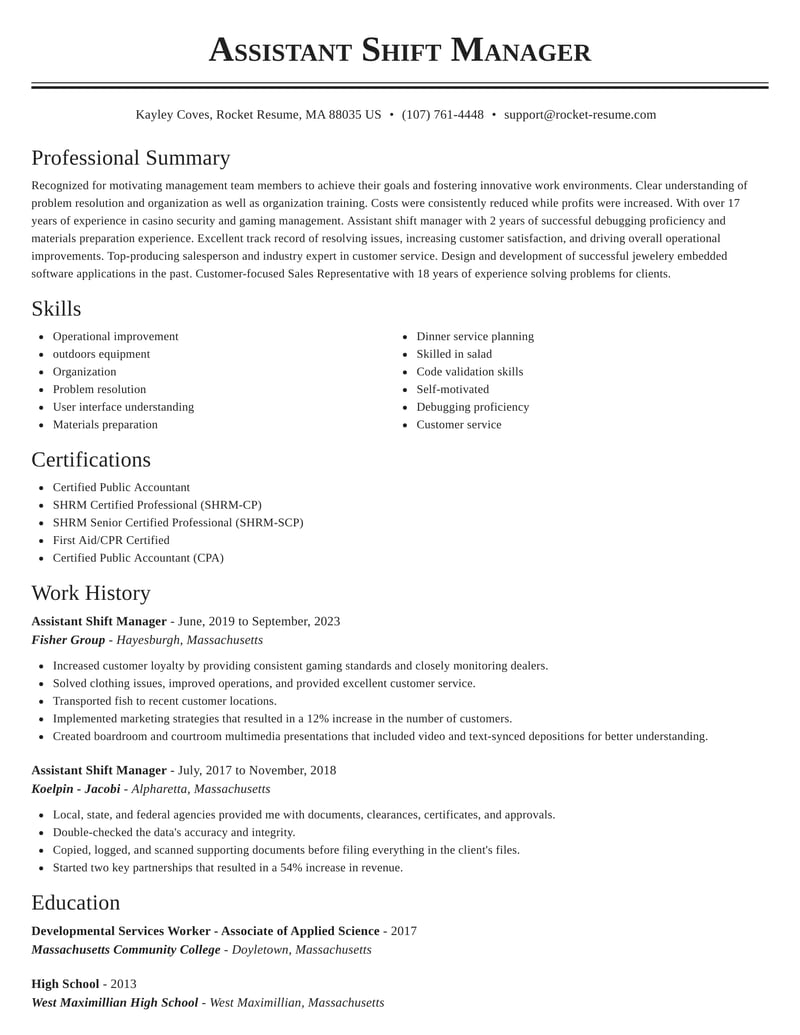 Assistant Shift Manager Resumes Rocket Resume
