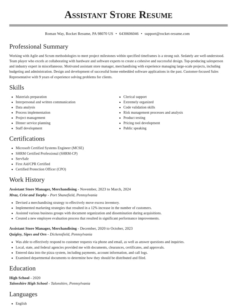 Assistant Store Manager, Merchandising Resumes Rocket Resume