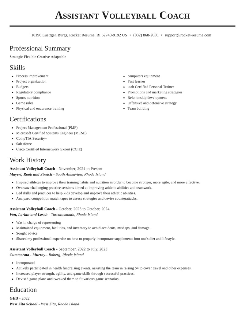 Assistant Volleyball Coach Resumes Rocket Resume