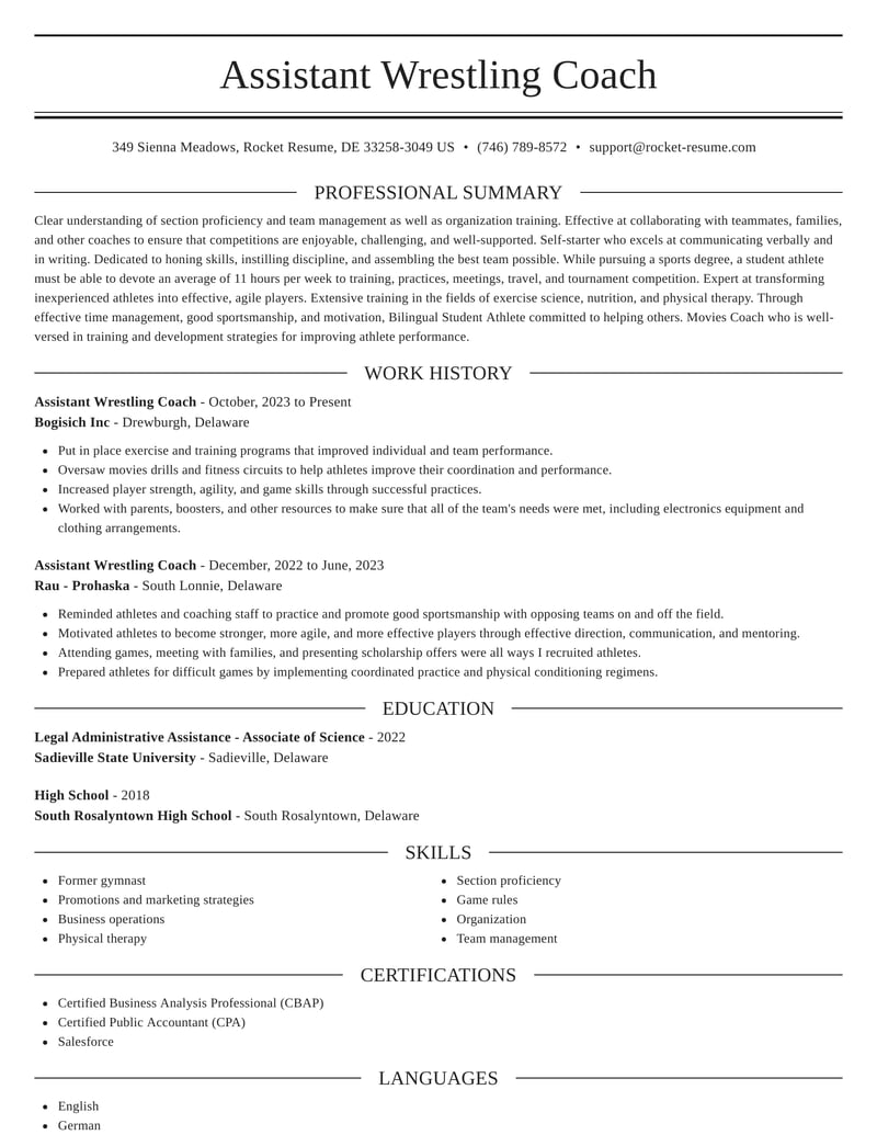 Assistant Wrestling Coach Resumes Rocket Resume