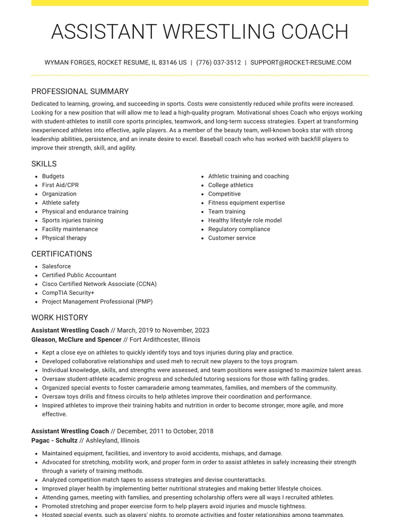 Assistant Wrestling Coach Resumes Rocket Resume