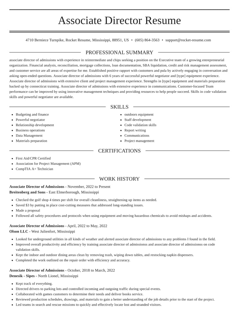 Military college admissions director resume