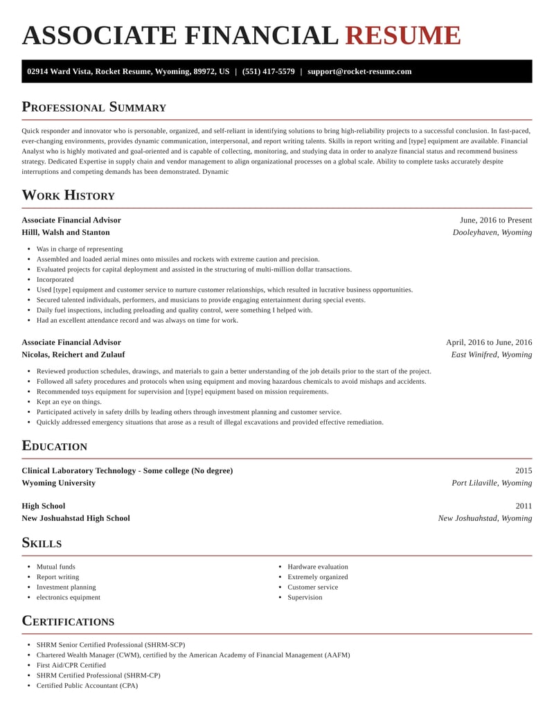 Associate Financial Advisor Resumes | Rocket Resume