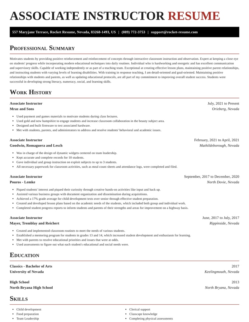 Associate Instructor Resumes Rocket Resume 8133
