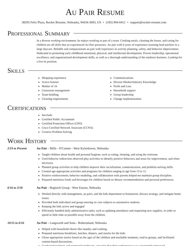 sample resume for au pair
