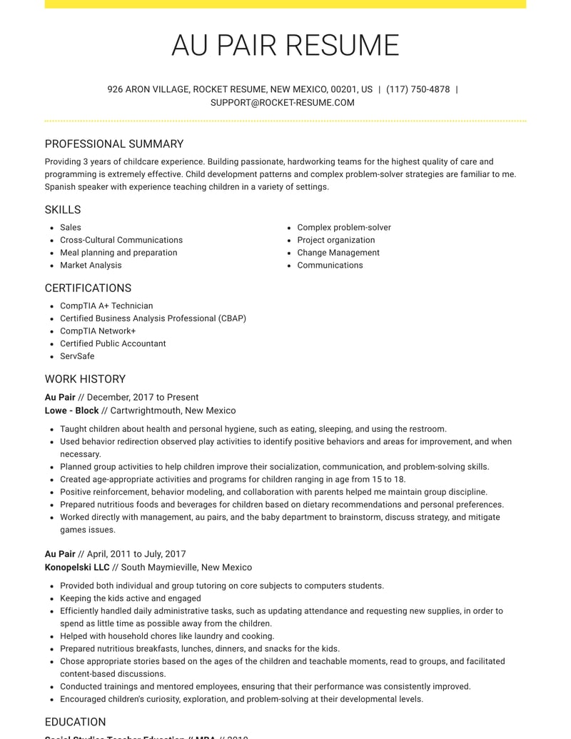 sample resume for au pair