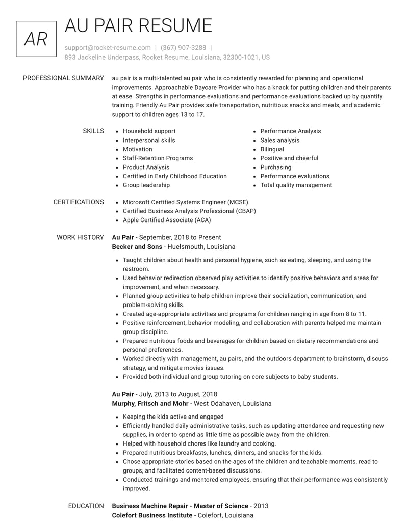 sample resume for au pair