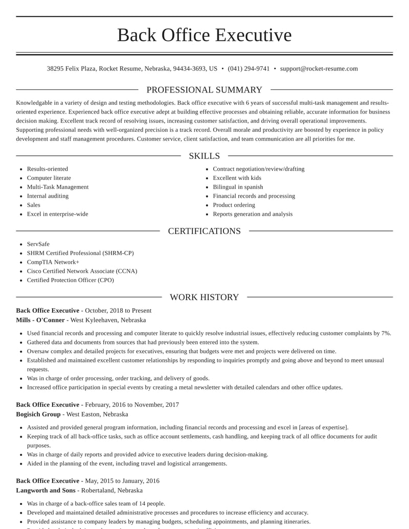 resume headline examples for back office executive