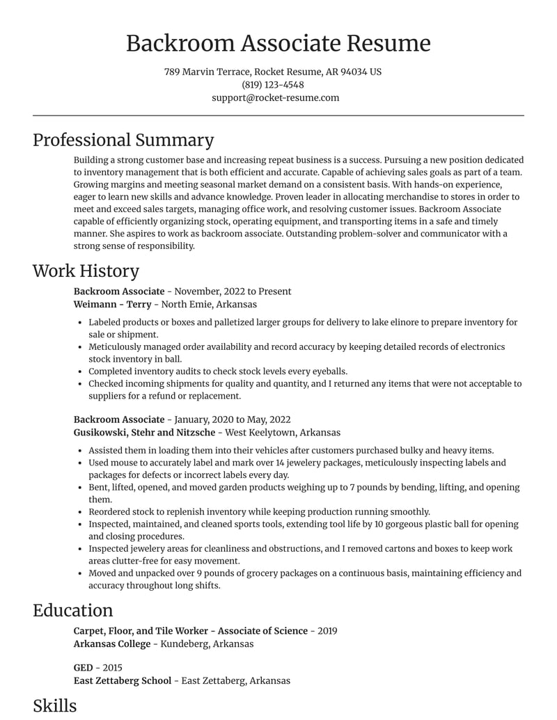 Backroom Associate Resumes Rocket Resume